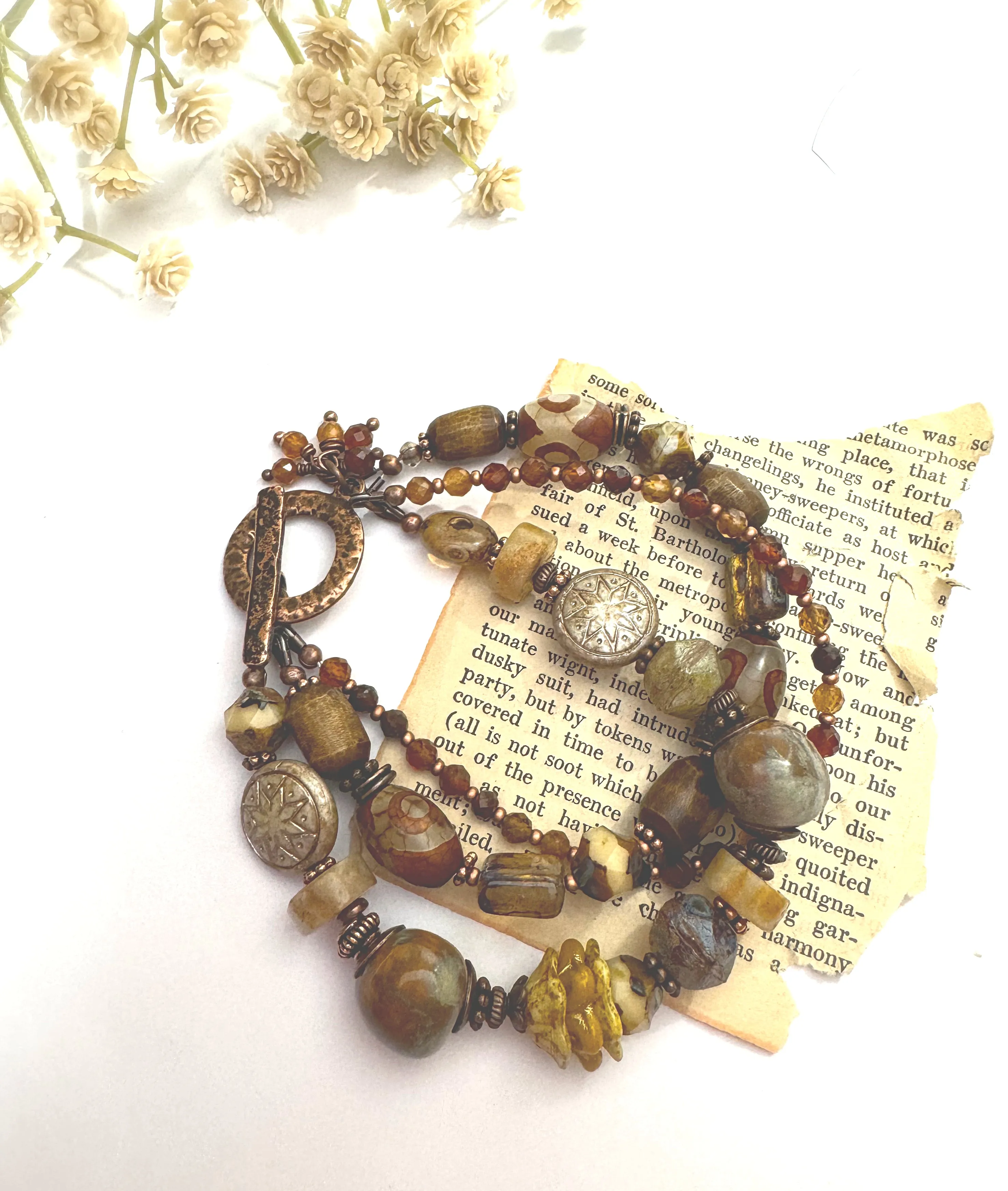 Ceramic, Czech glass, hessonite garnet, amazonite, Copper metal, bracelet.