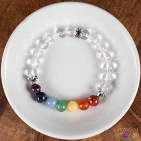 CHAKRA & CLEAR QUARTZ Crystal Bracelet - Round Beads - Beaded Bracelet, Handmade Jewelry, Healing Crystal Bracelet, E1967