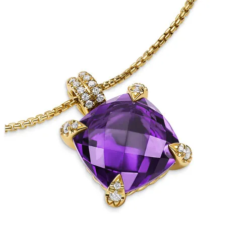 Chatelaine Pendant Necklace in 18K Yellow Gold with Amethyst and Diamonds, 11mm