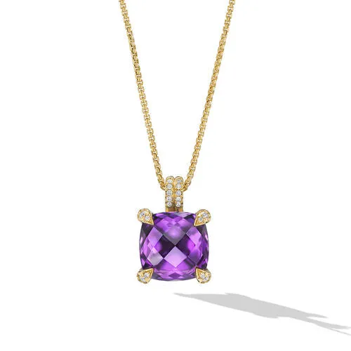 Chatelaine Pendant Necklace in 18K Yellow Gold with Amethyst and Diamonds, 11mm