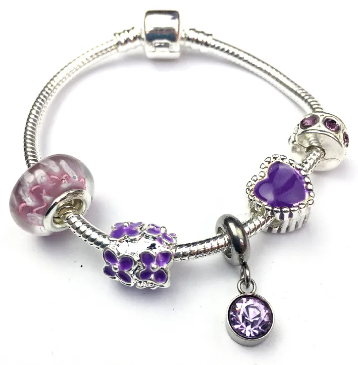 Children's 'June Birthstone' Amethyst Coloured Crystal Silver Plated Charm Bead Bracelet