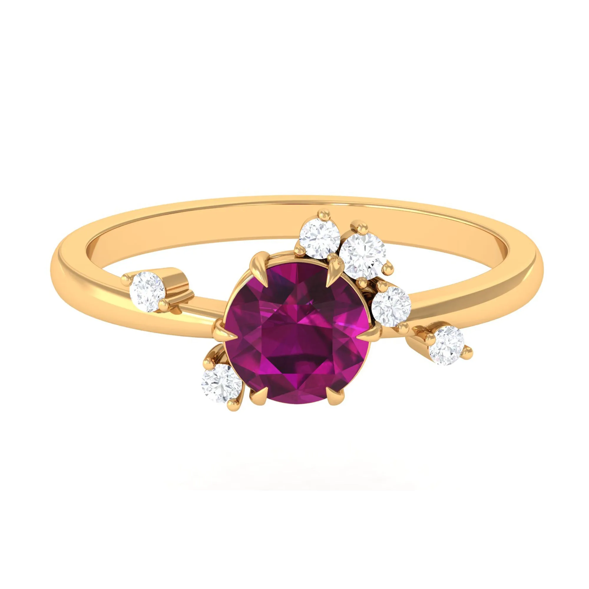 Claw Set Round Shape Rhodolite Solitaire Promise Ring with Scatter Diamond