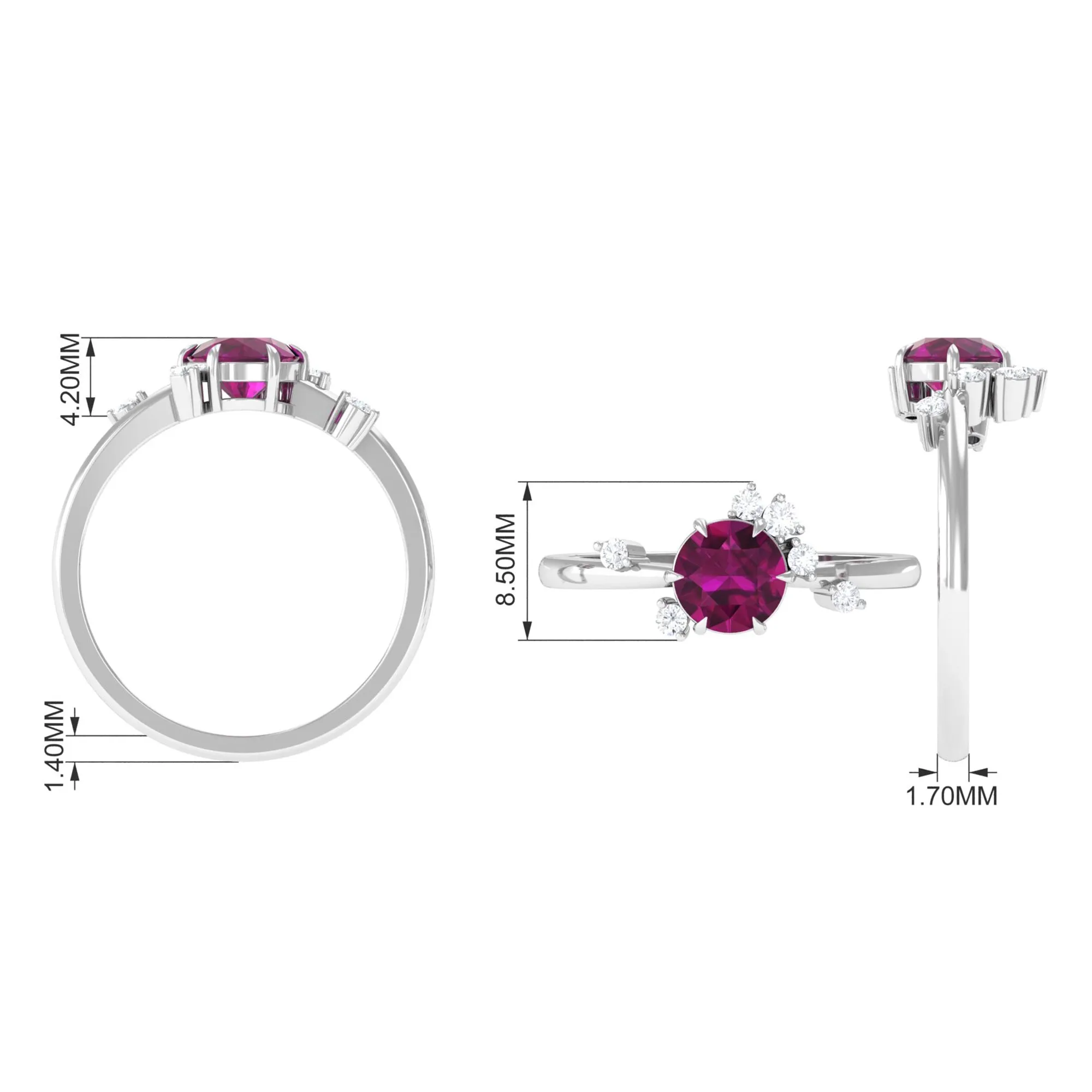 Claw Set Round Shape Rhodolite Solitaire Promise Ring with Scatter Diamond