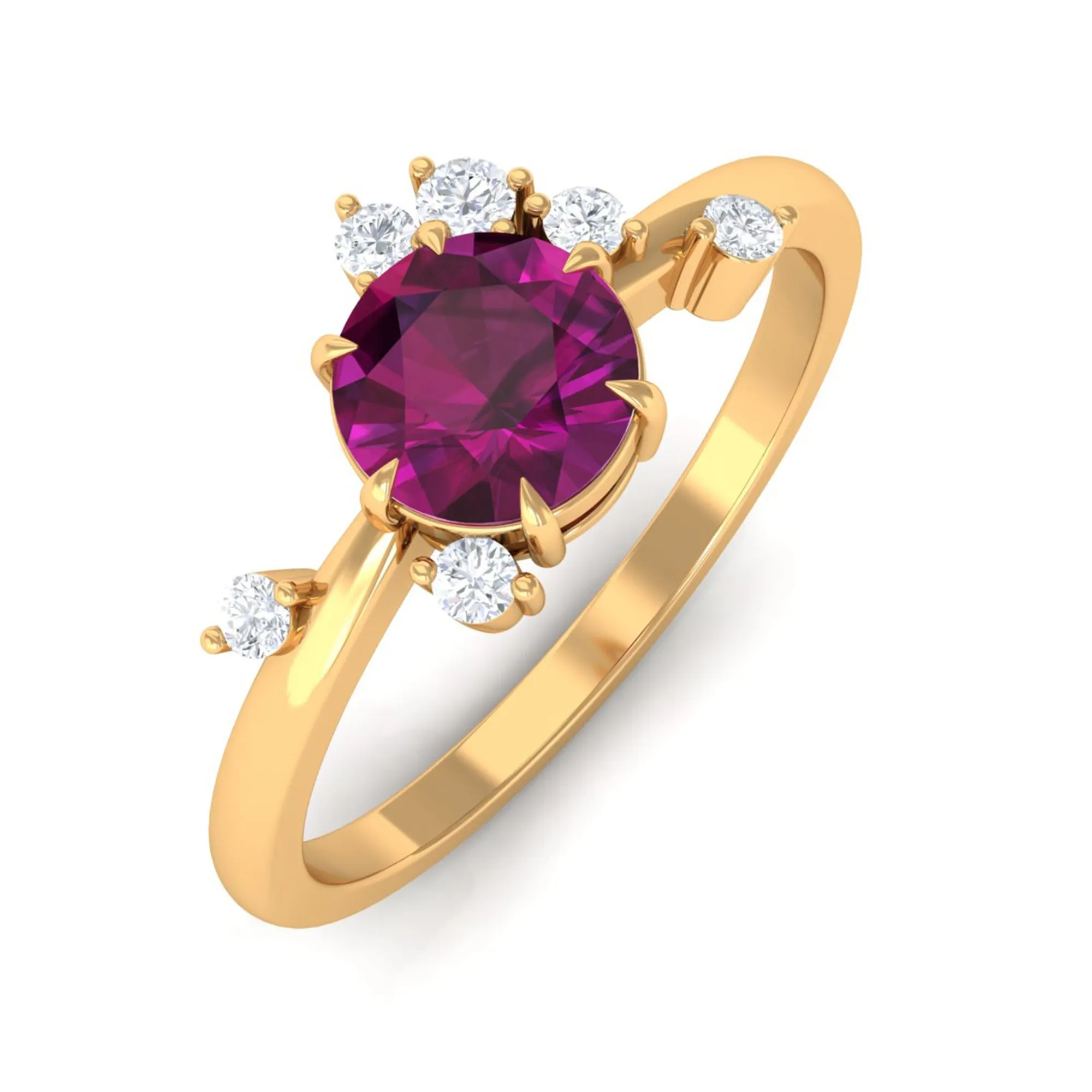 Claw Set Round Shape Rhodolite Solitaire Promise Ring with Scatter Diamond