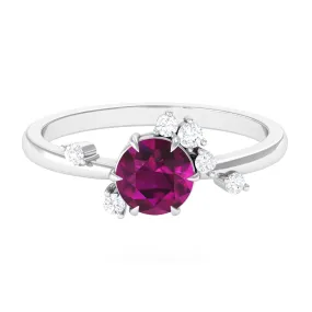 Claw Set Round Shape Rhodolite Solitaire Promise Ring with Scatter Diamond