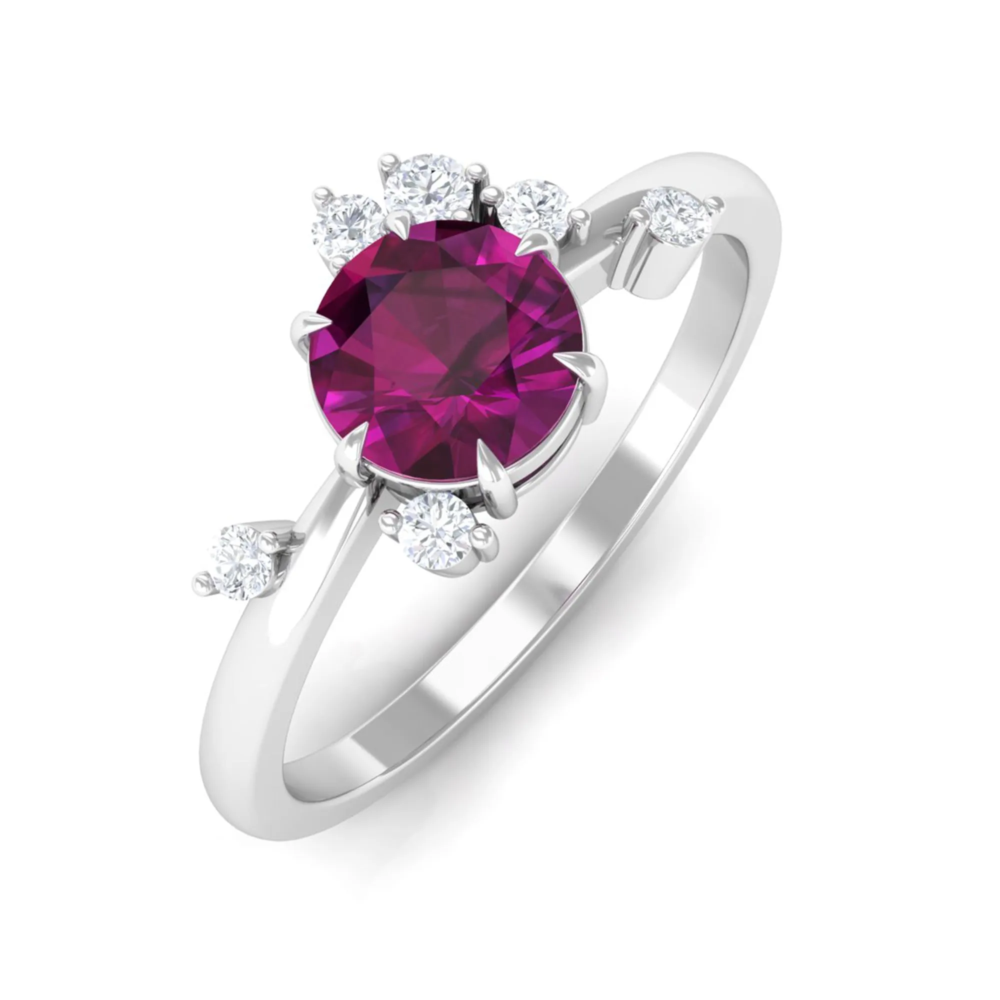 Claw Set Round Shape Rhodolite Solitaire Promise Ring with Scatter Diamond