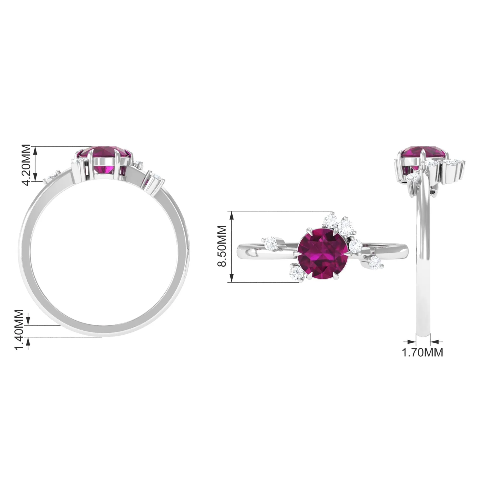 Claw Set Round Shape Rhodolite Solitaire Promise Ring with Scatter Diamond