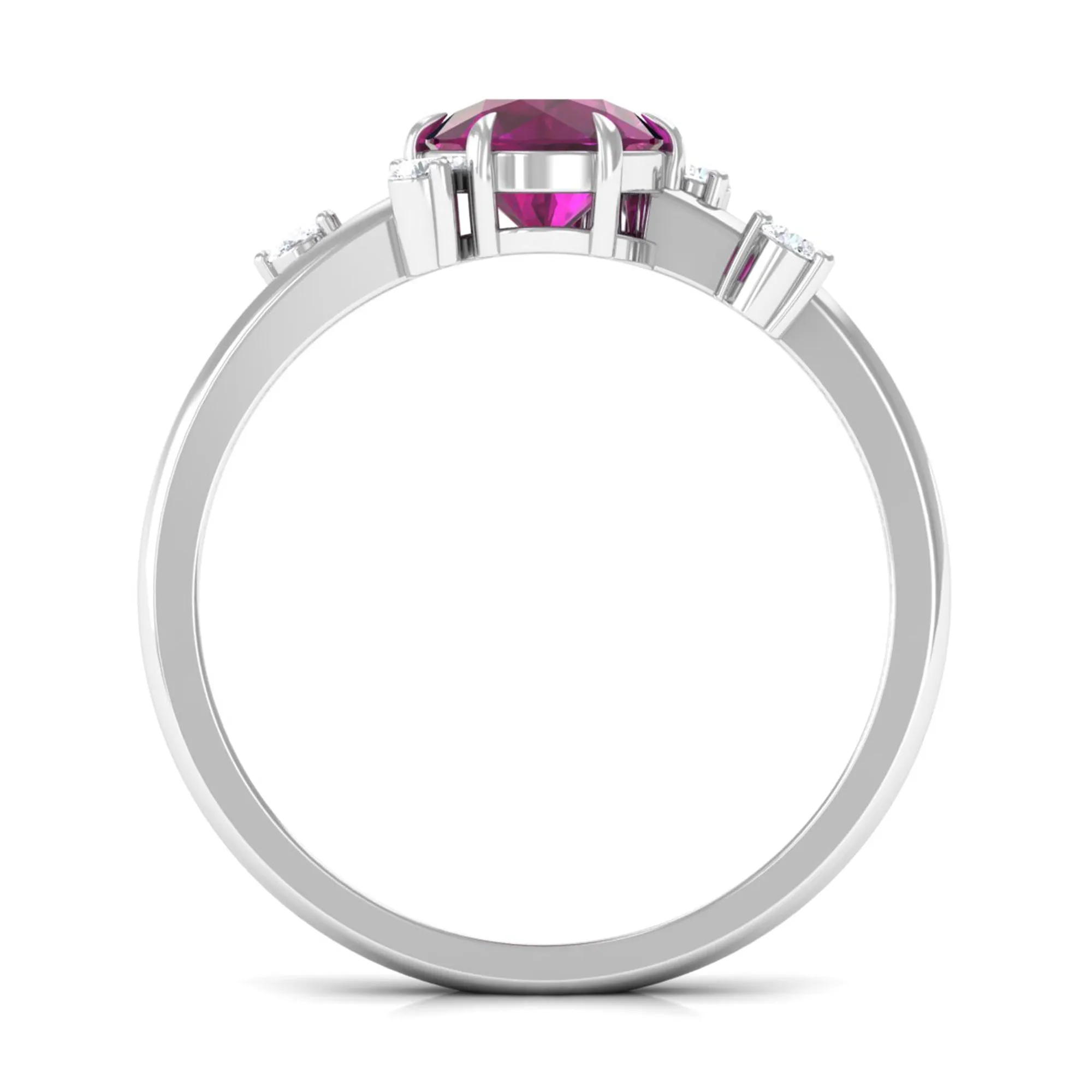 Claw Set Round Shape Rhodolite Solitaire Promise Ring with Scatter Diamond