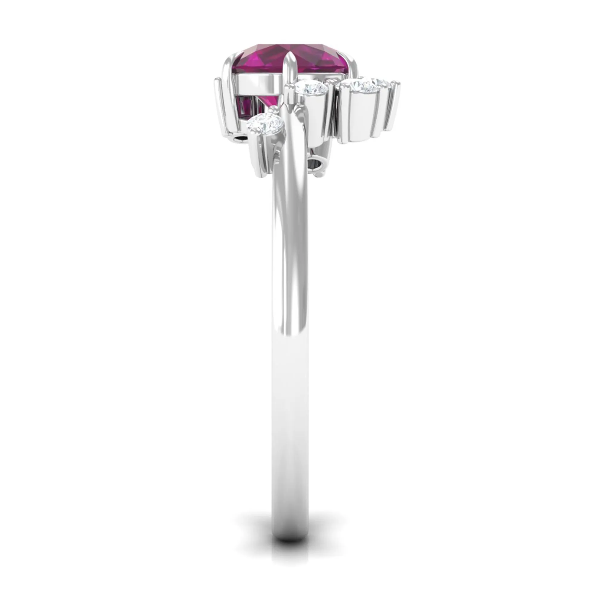 Claw Set Round Shape Rhodolite Solitaire Promise Ring with Scatter Diamond