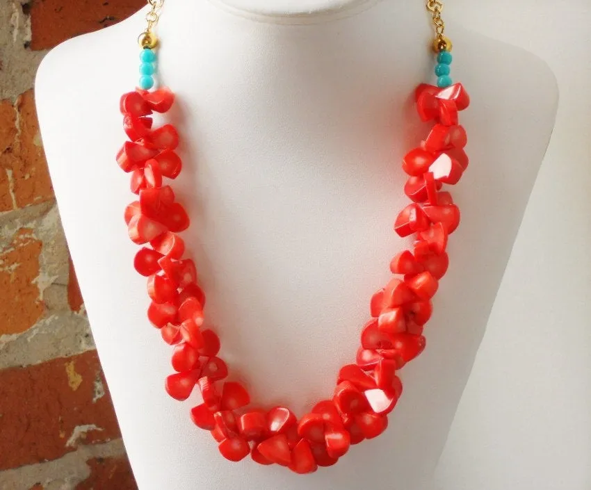 Coral Briolette Bead and Turquoise Rose Gold Link Chain Hawaiian Inspired Statement Necklace