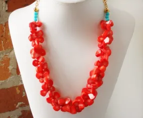 Coral Briolette Bead and Turquoise Rose Gold Link Chain Hawaiian Inspired Statement Necklace