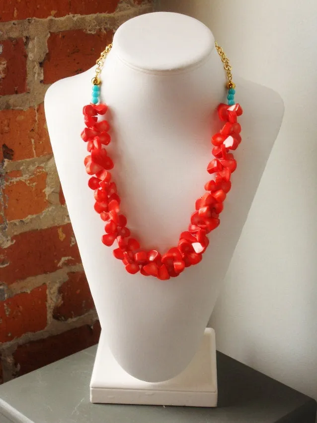 Coral Briolette Bead and Turquoise Rose Gold Link Chain Hawaiian Inspired Statement Necklace