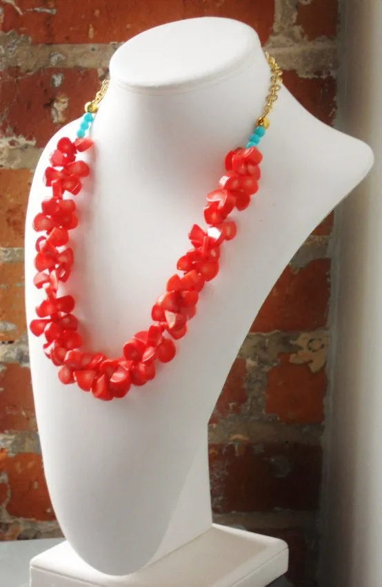 Coral Briolette Bead and Turquoise Rose Gold Link Chain Hawaiian Inspired Statement Necklace