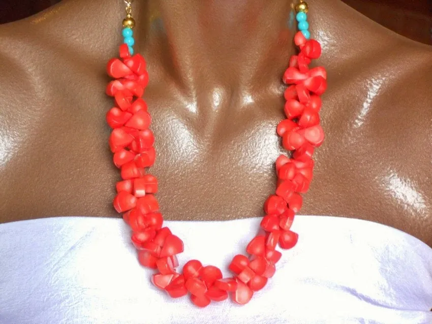 Coral Briolette Bead and Turquoise Rose Gold Link Chain Hawaiian Inspired Statement Necklace