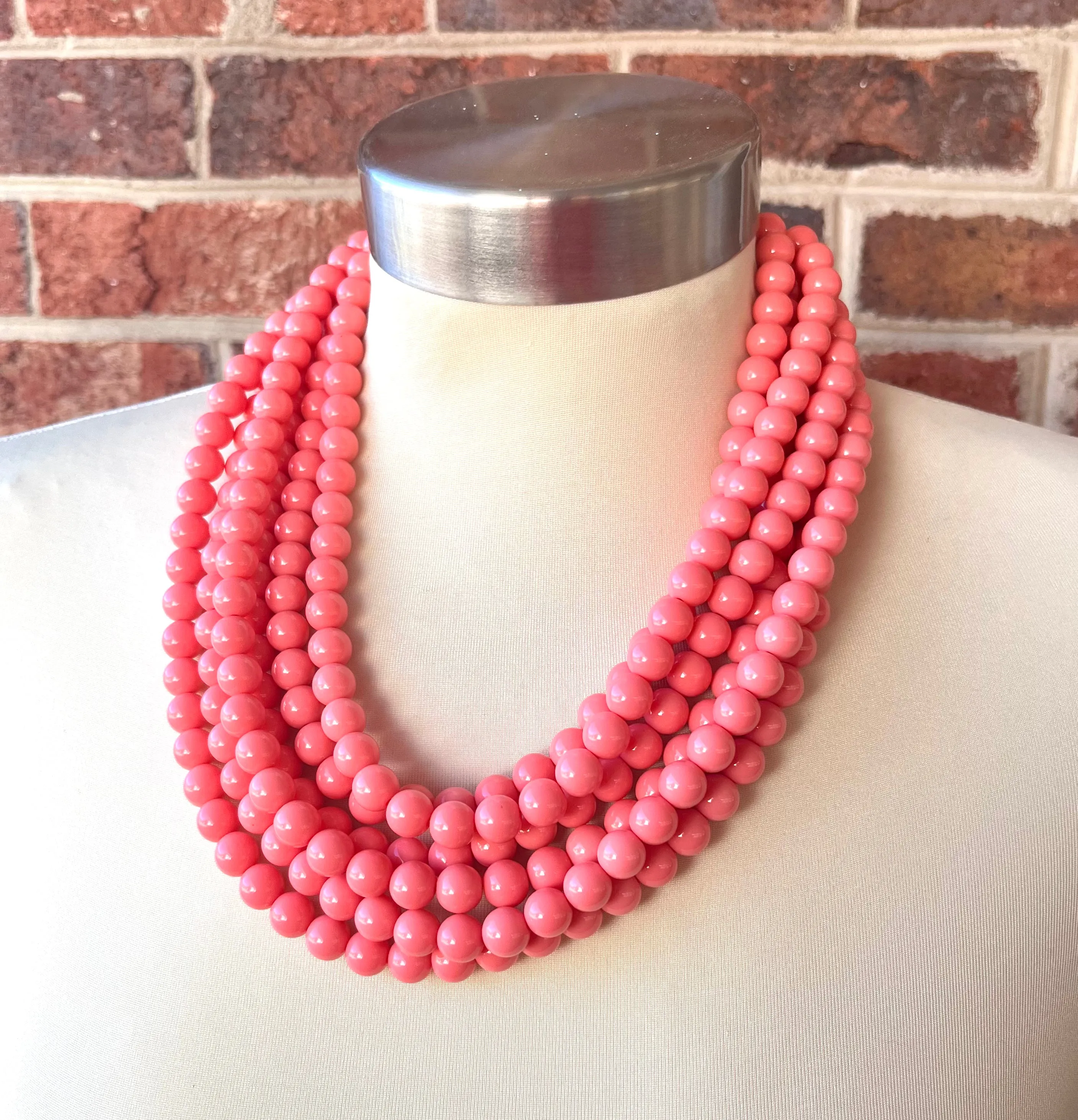 Coral Pink Acrylic Lucite Bead Chunky Statement Necklace - Alana