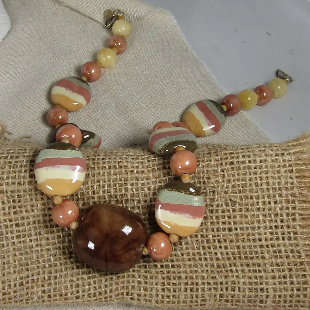 Cream Melon and Brown Fair Trade Kazuri Necklace