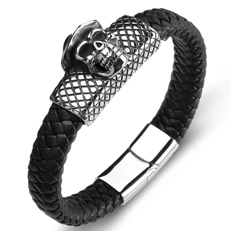 Creative Leather Woven Bracelet Metal Motorcycle Men Bracelet Punk Rock Party Jewelry Gift