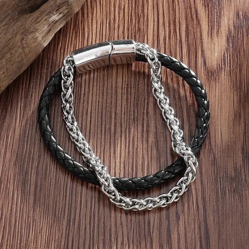 Creative Leather Woven Bracelet Metal Motorcycle Men Bracelet Punk Rock Party Jewelry Gift