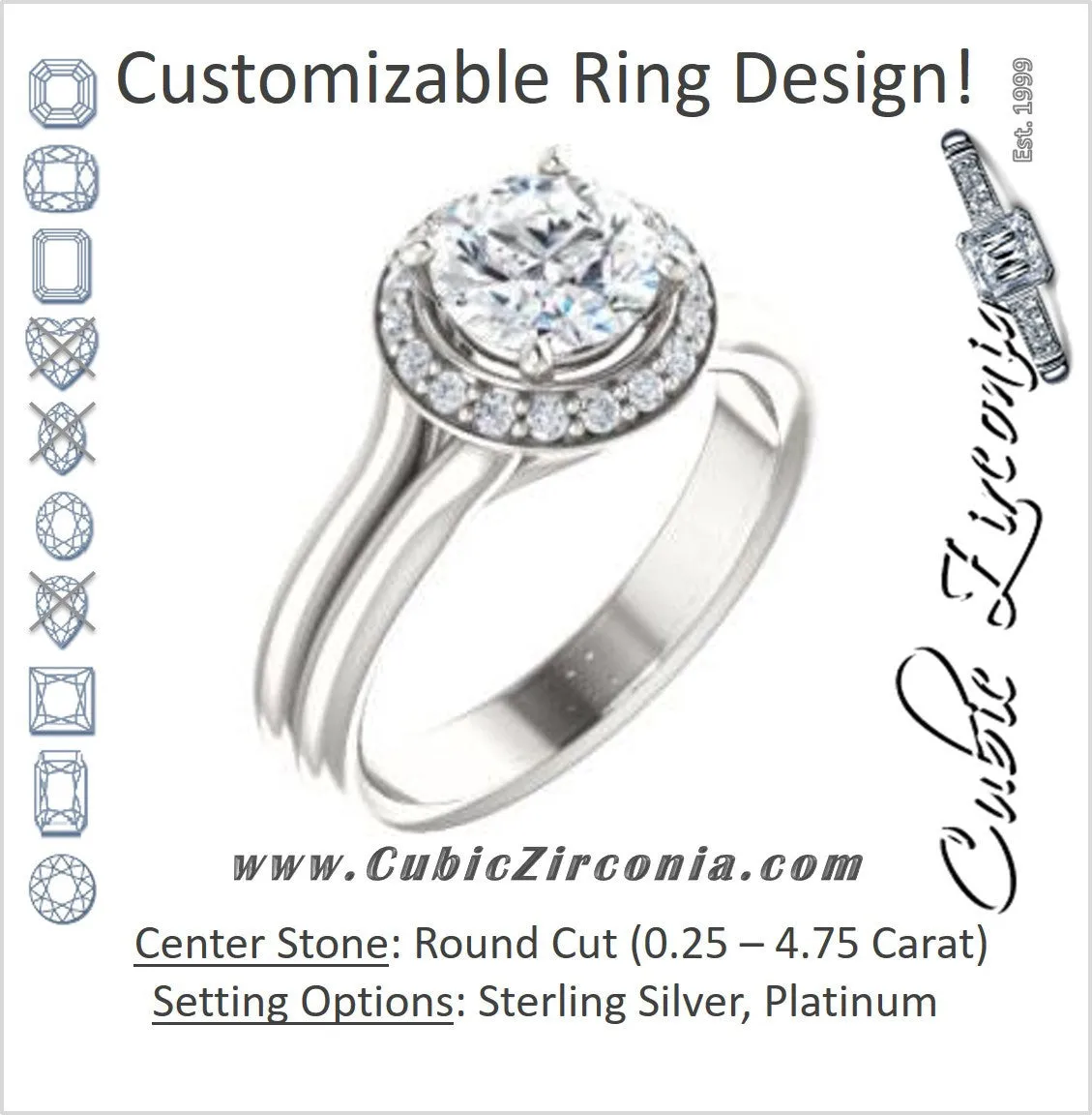 Cubic Zirconia Engagement Ring- The Bebi (Customizable Cathedral-Halo Round Cut Design with Wide Split Band)