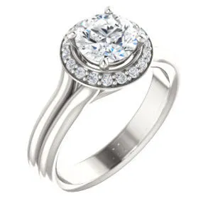 Cubic Zirconia Engagement Ring- The Bebi (Customizable Cathedral-Halo Round Cut Design with Wide Split Band)