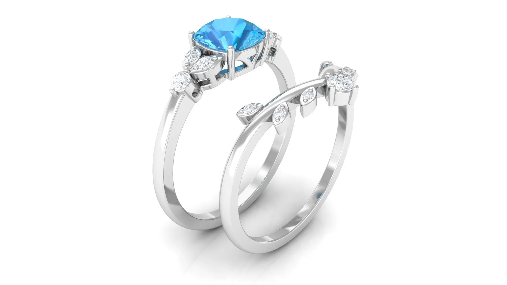 Cushion Cut Swiss Blue Topaz Solitaire Ring Set with Diamond