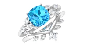 Cushion Cut Swiss Blue Topaz Solitaire Ring Set with Diamond