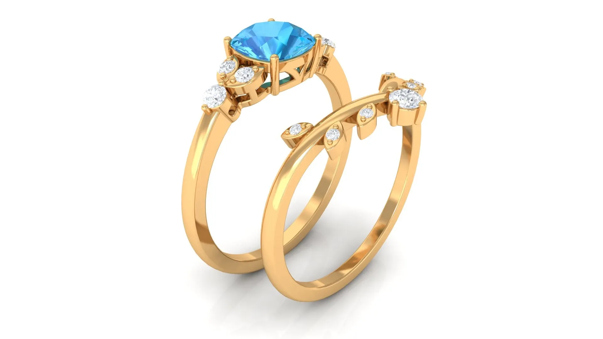 Cushion Cut Swiss Blue Topaz Solitaire Ring Set with Diamond