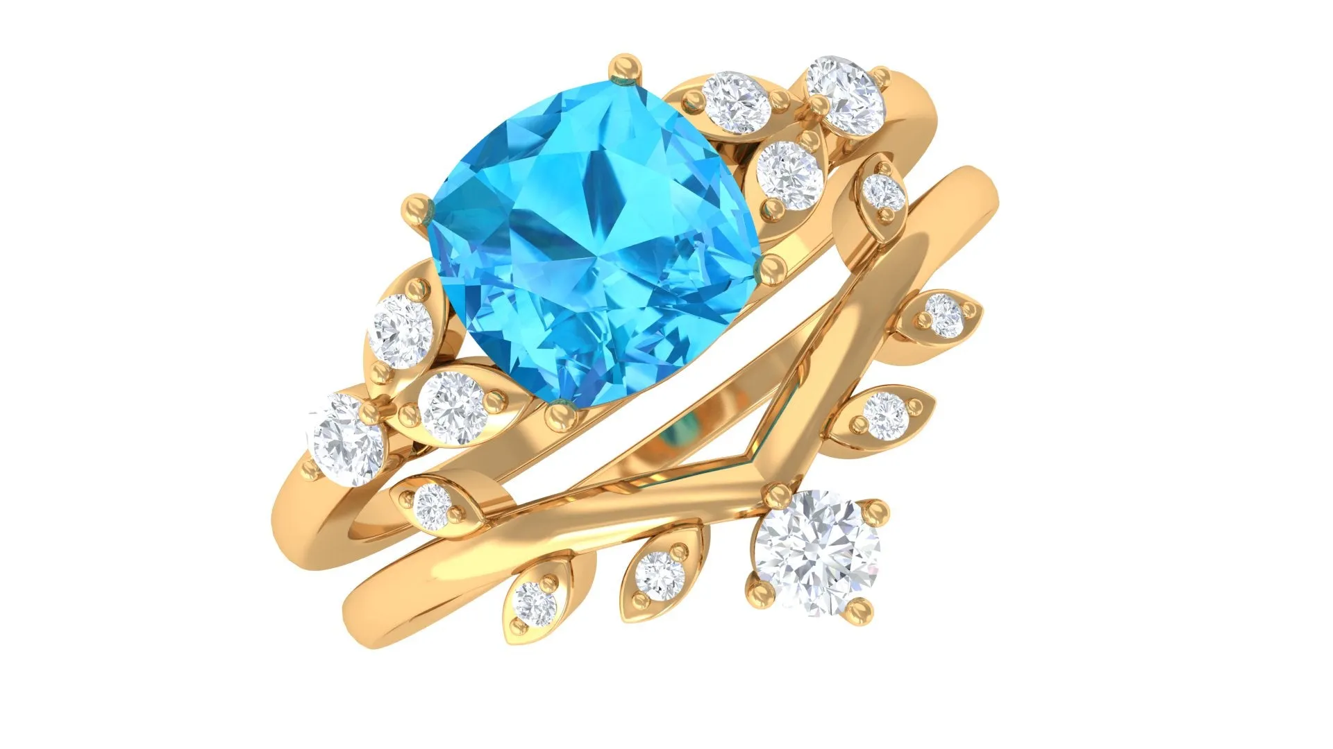 Cushion Cut Swiss Blue Topaz Solitaire Ring Set with Diamond