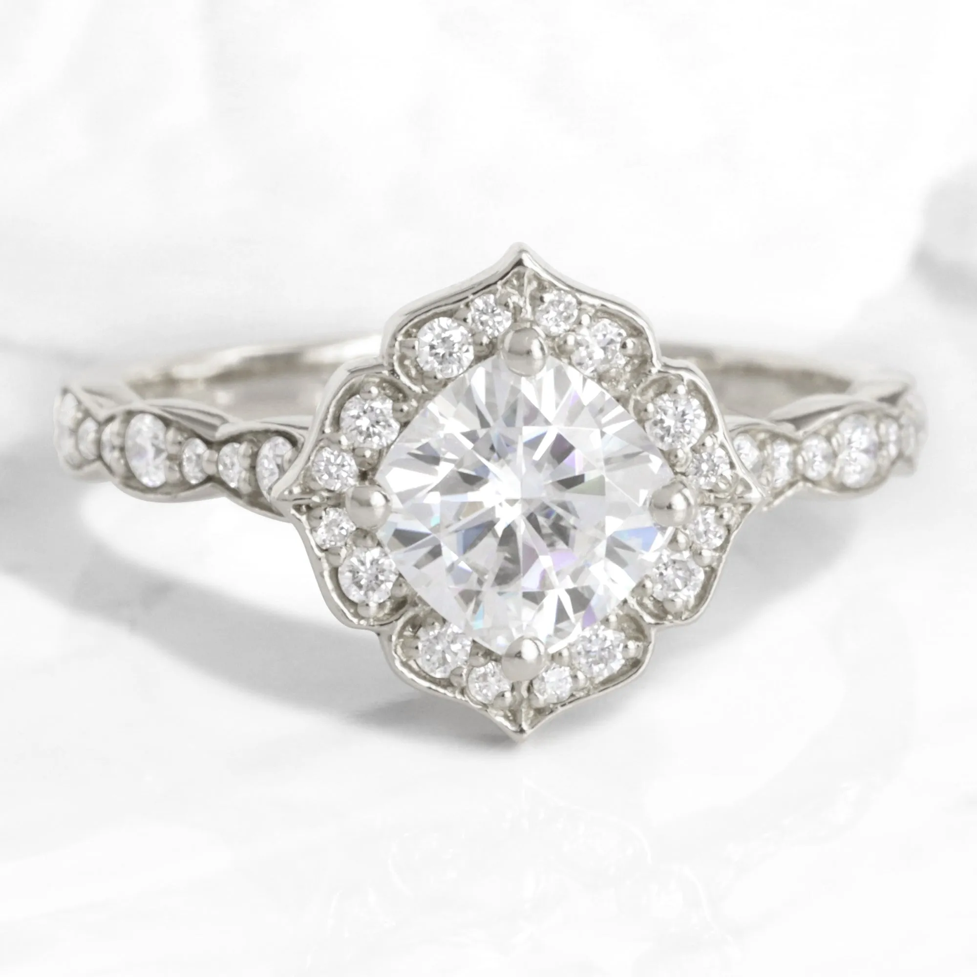 Cushion Moissanite Diamond Ring in Mini Vintage Floral Band