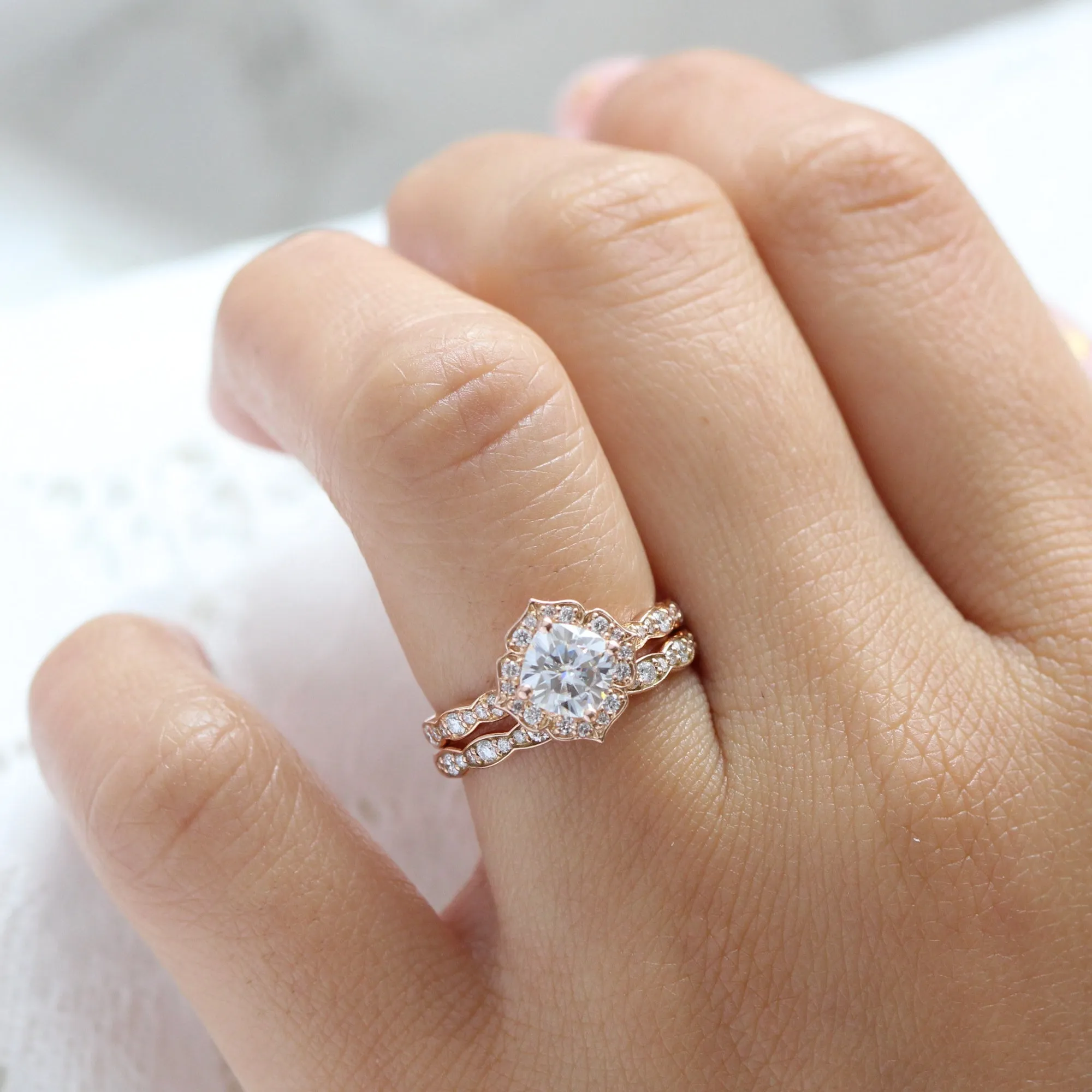 Cushion Moissanite Diamond Ring in Mini Vintage Floral Band