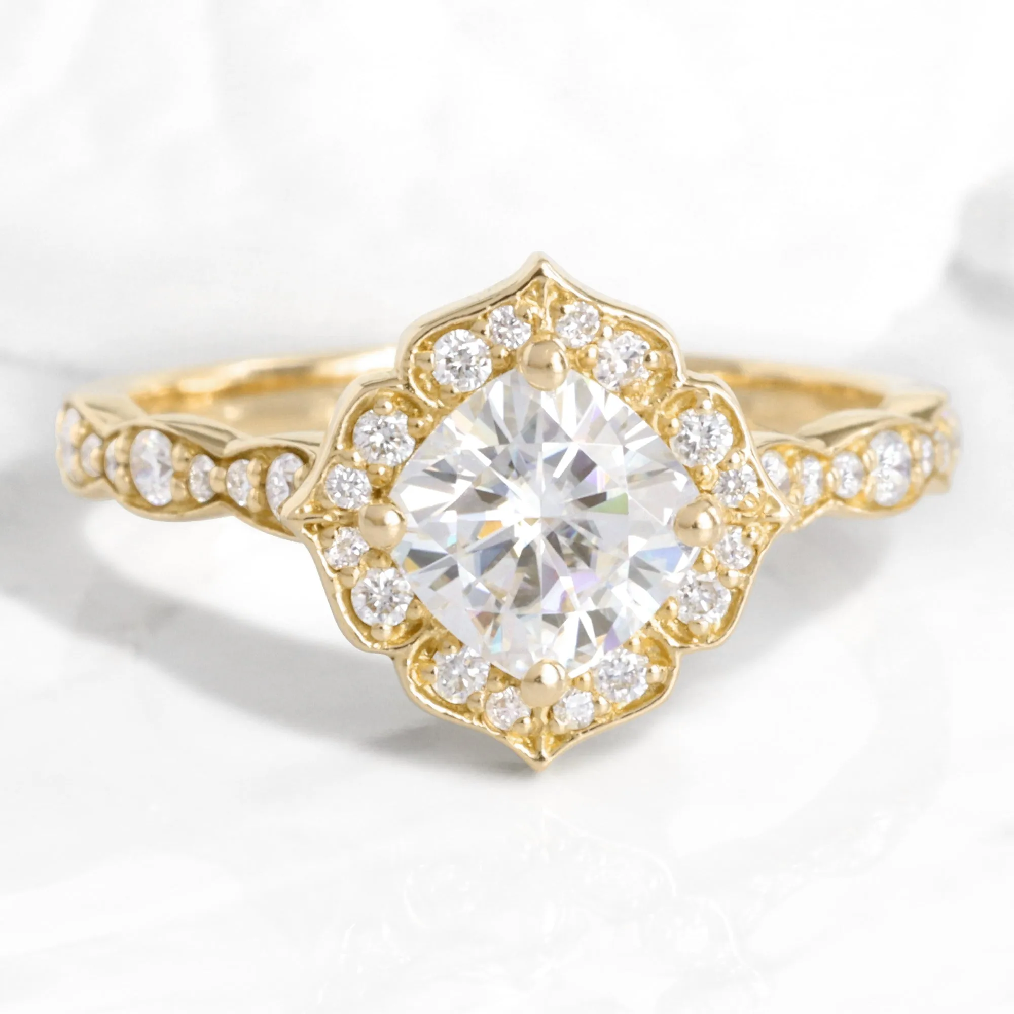 Cushion Moissanite Diamond Ring in Mini Vintage Floral Band