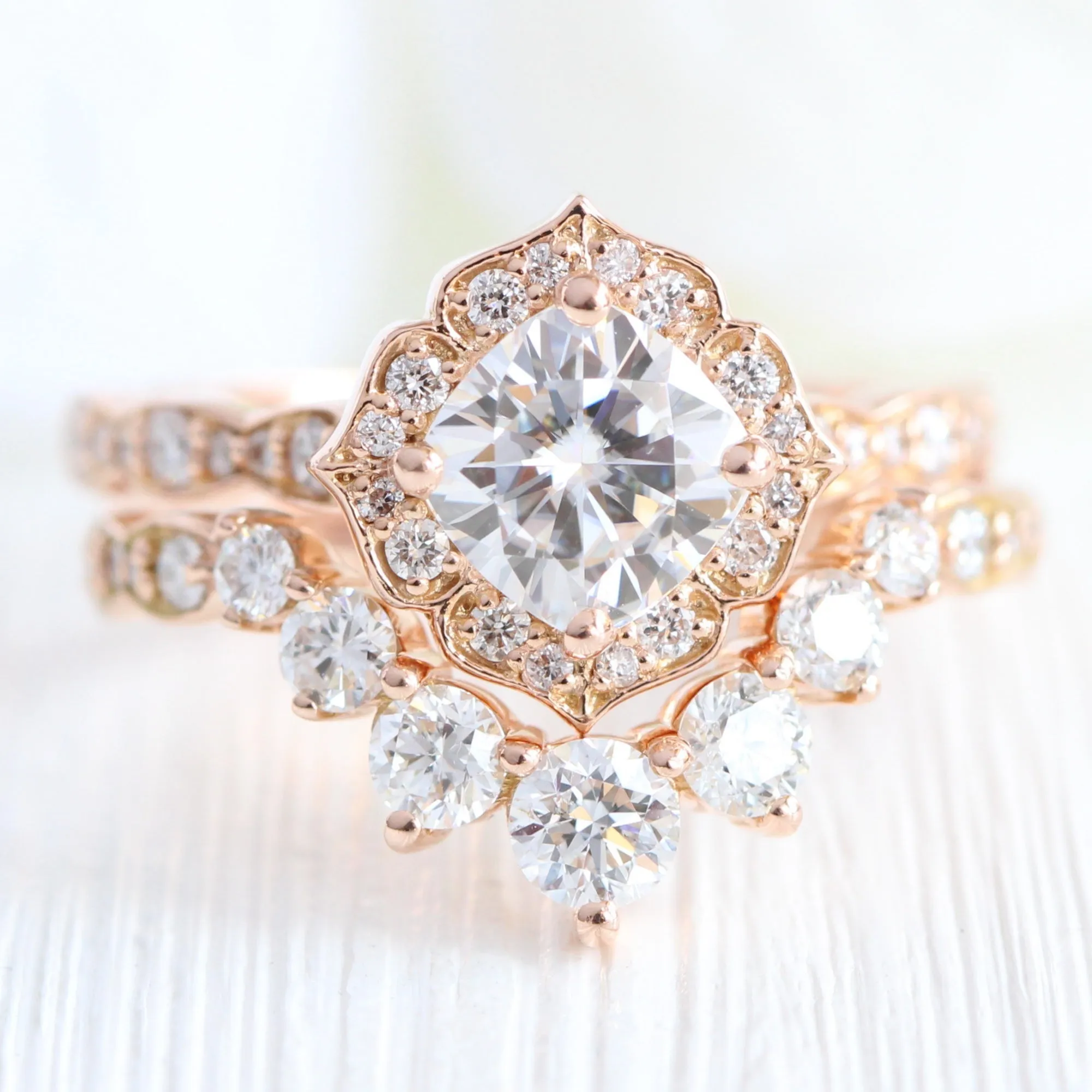 Cushion Moissanite Diamond Ring in Mini Vintage Floral Band