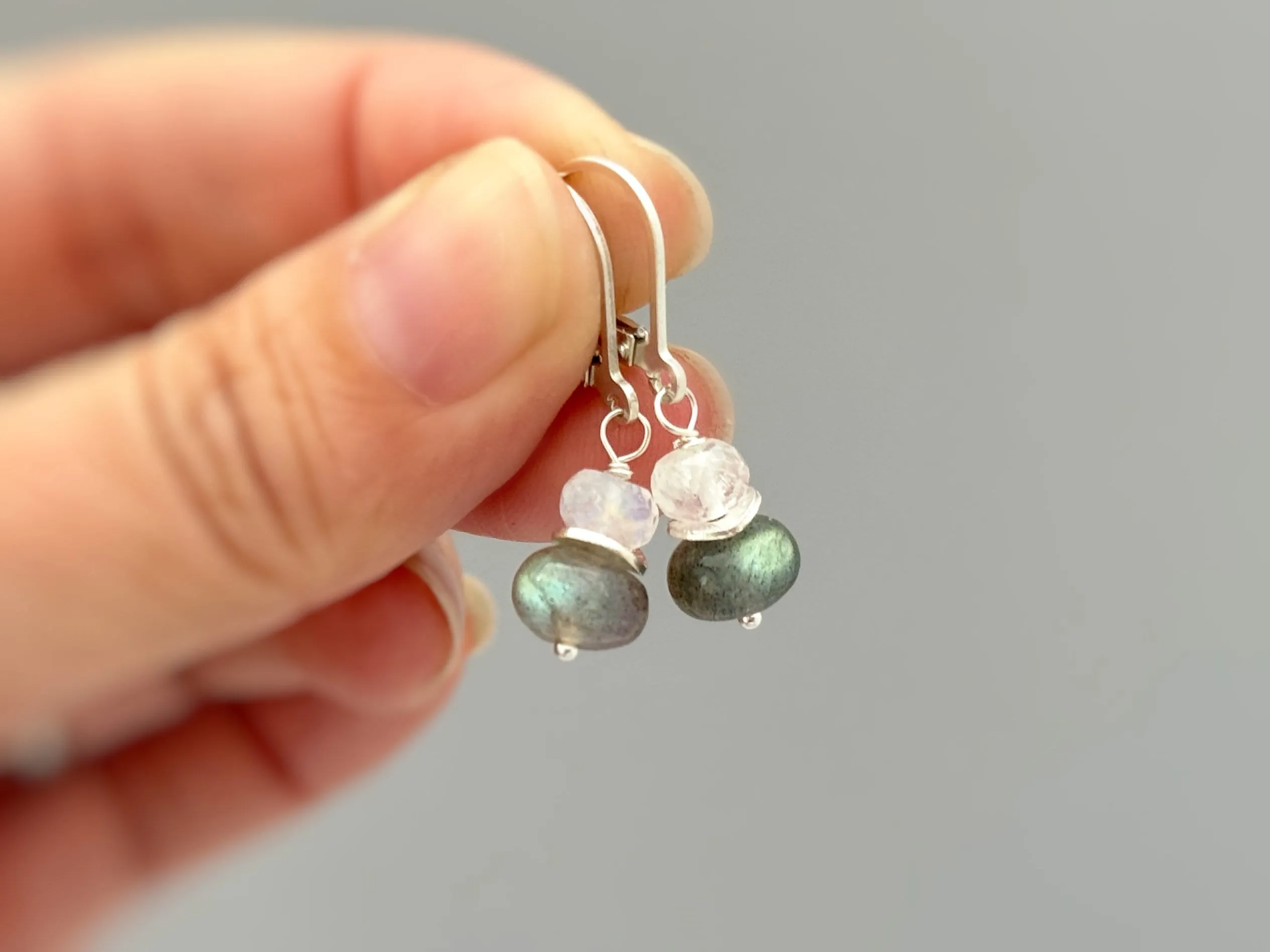 Dainty Labradorite and Moonstone Drop Earrings in sterling silver, gold, rose gold