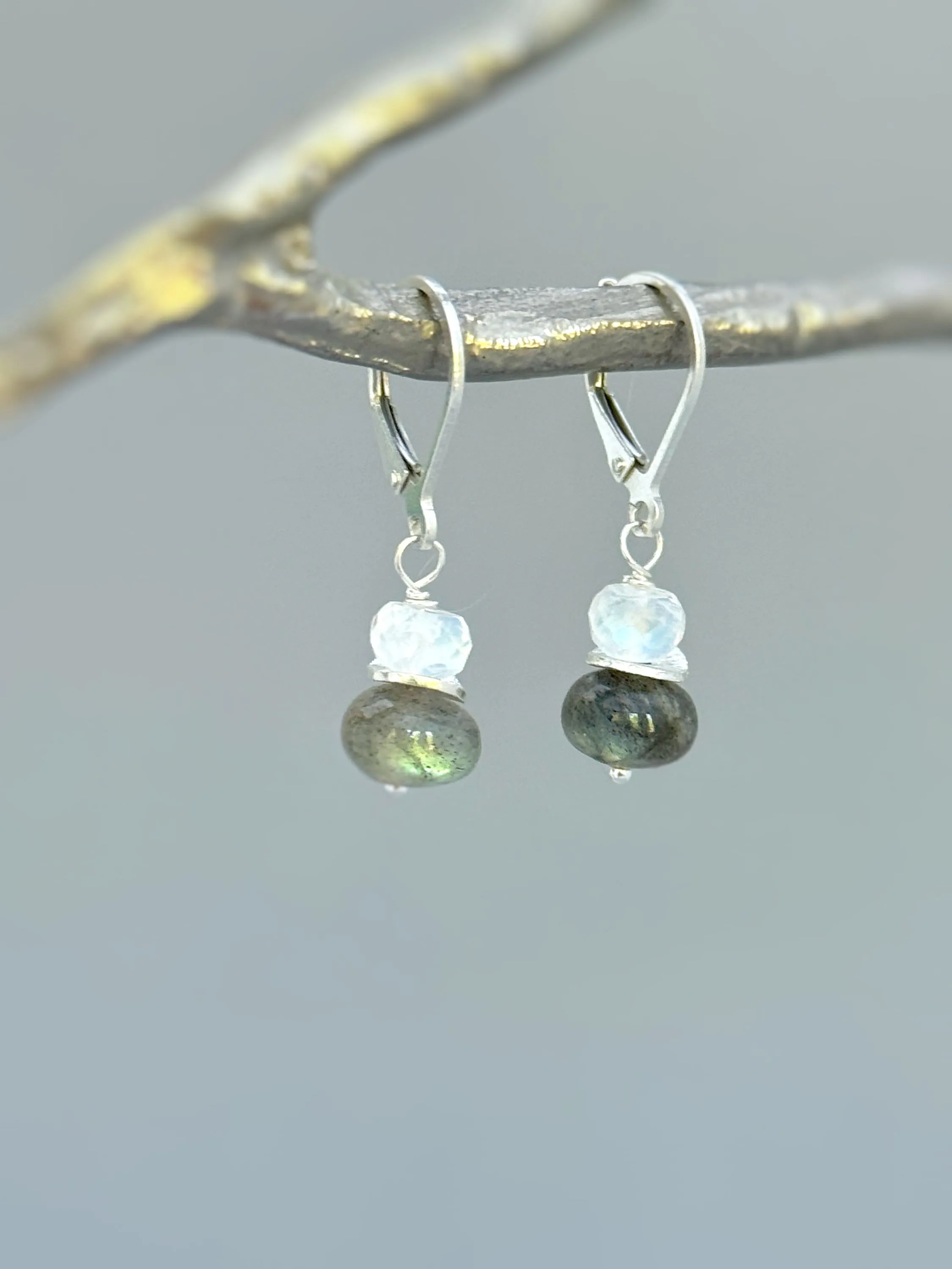 Dainty Labradorite and Moonstone Drop Earrings in sterling silver, gold, rose gold