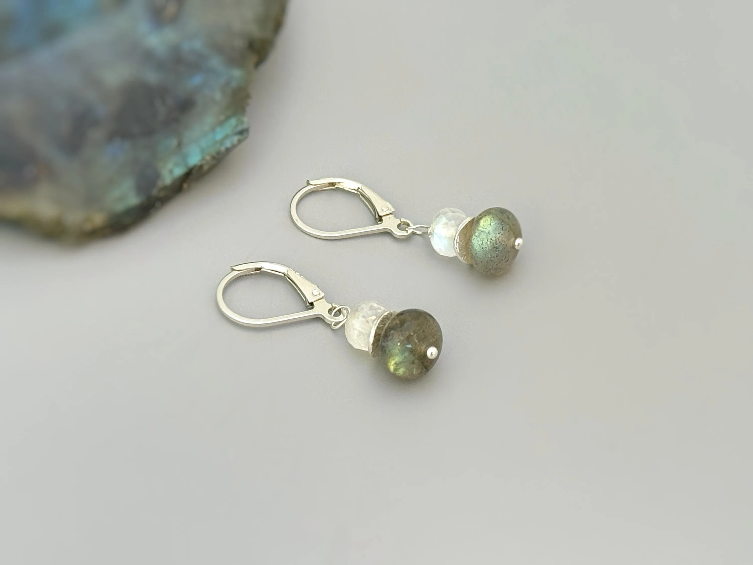 Dainty Labradorite and Moonstone Drop Earrings in sterling silver, gold, rose gold