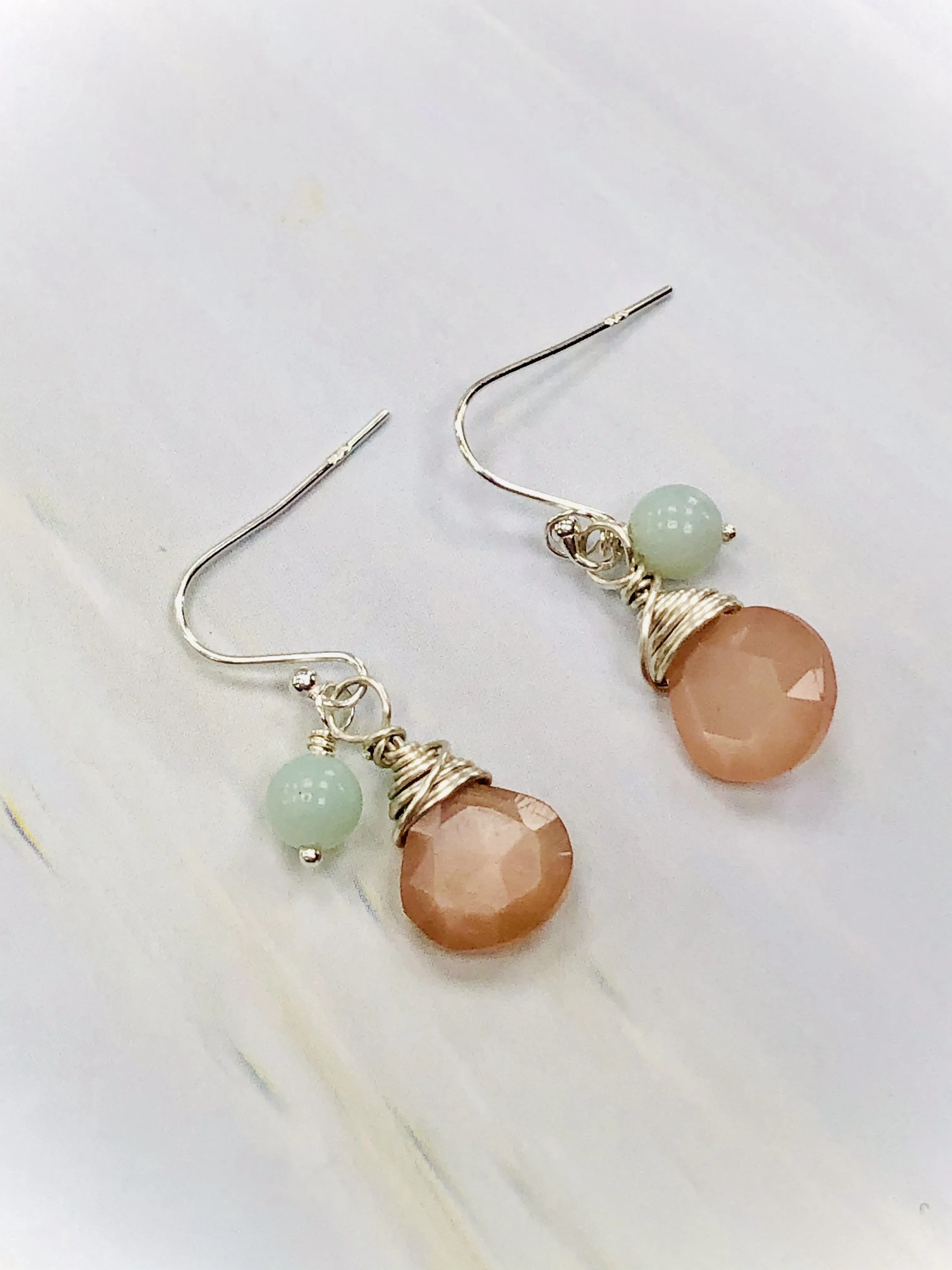 Dainty Peach Moonstone and Peruvian Opal Earrings