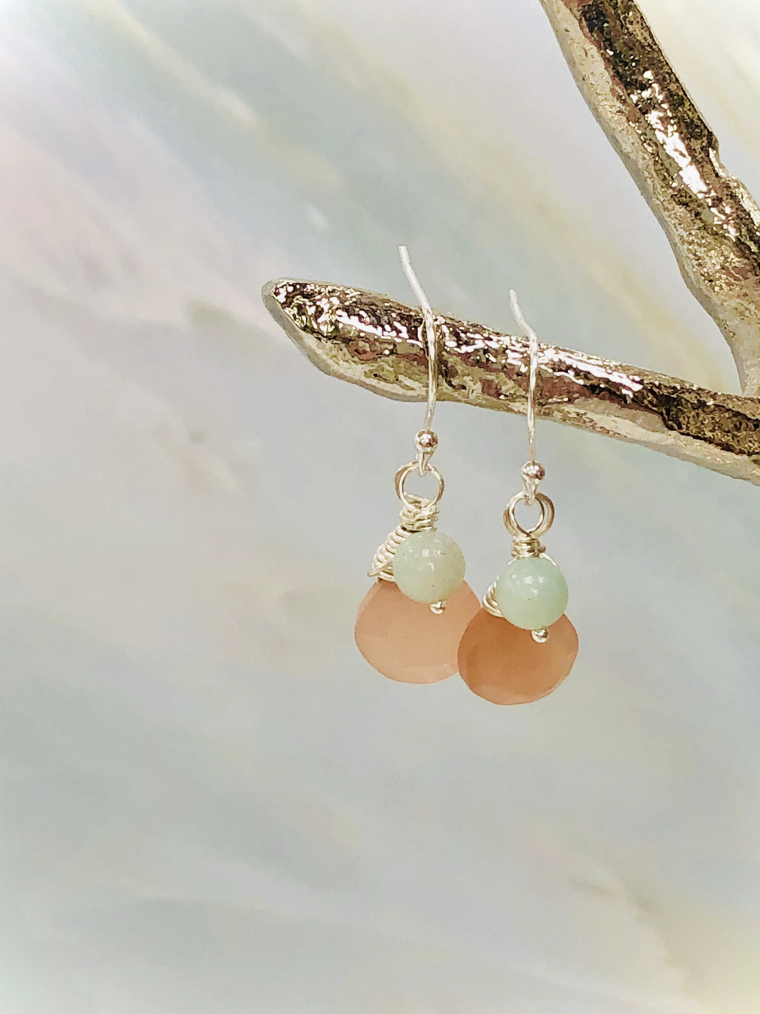 Dainty Peach Moonstone and Peruvian Opal Earrings