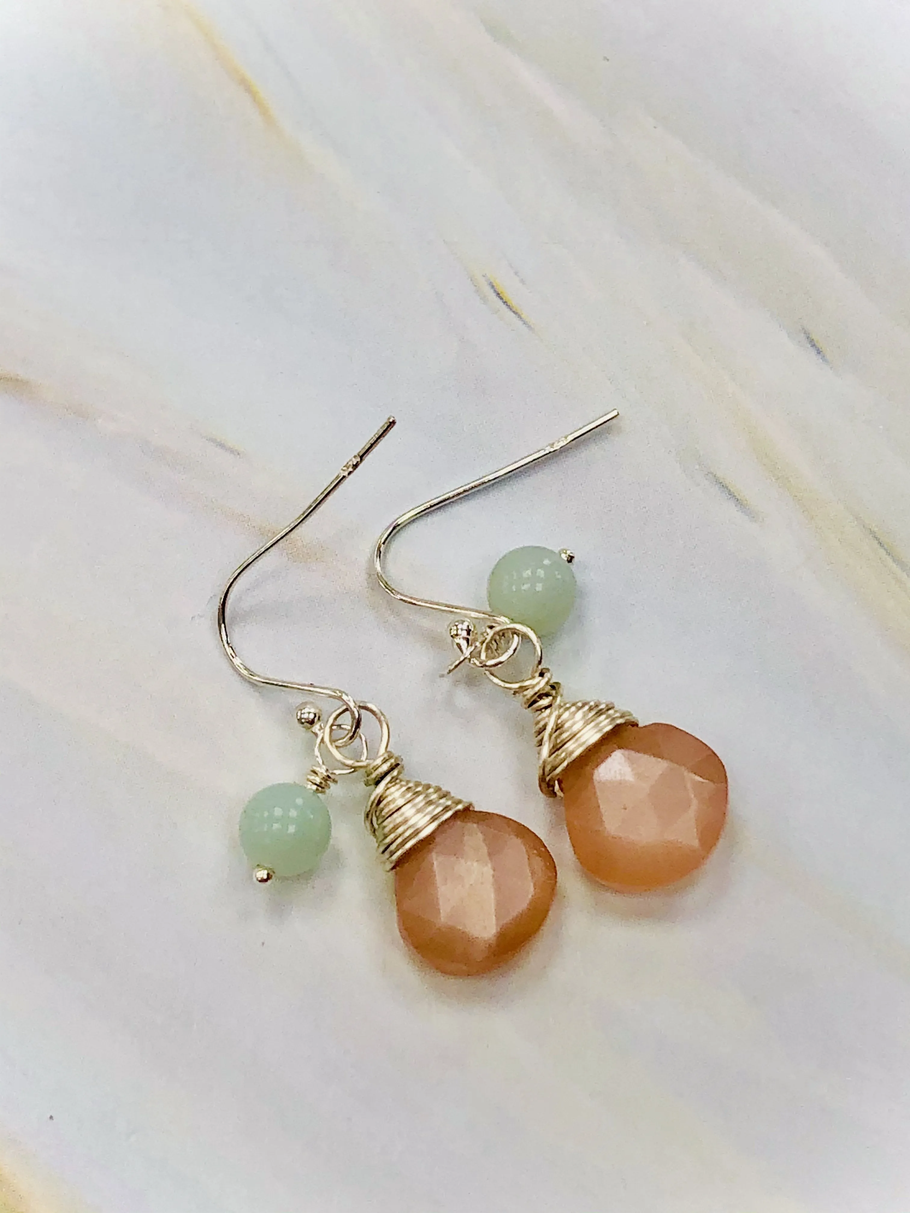 Dainty Peach Moonstone and Peruvian Opal Earrings