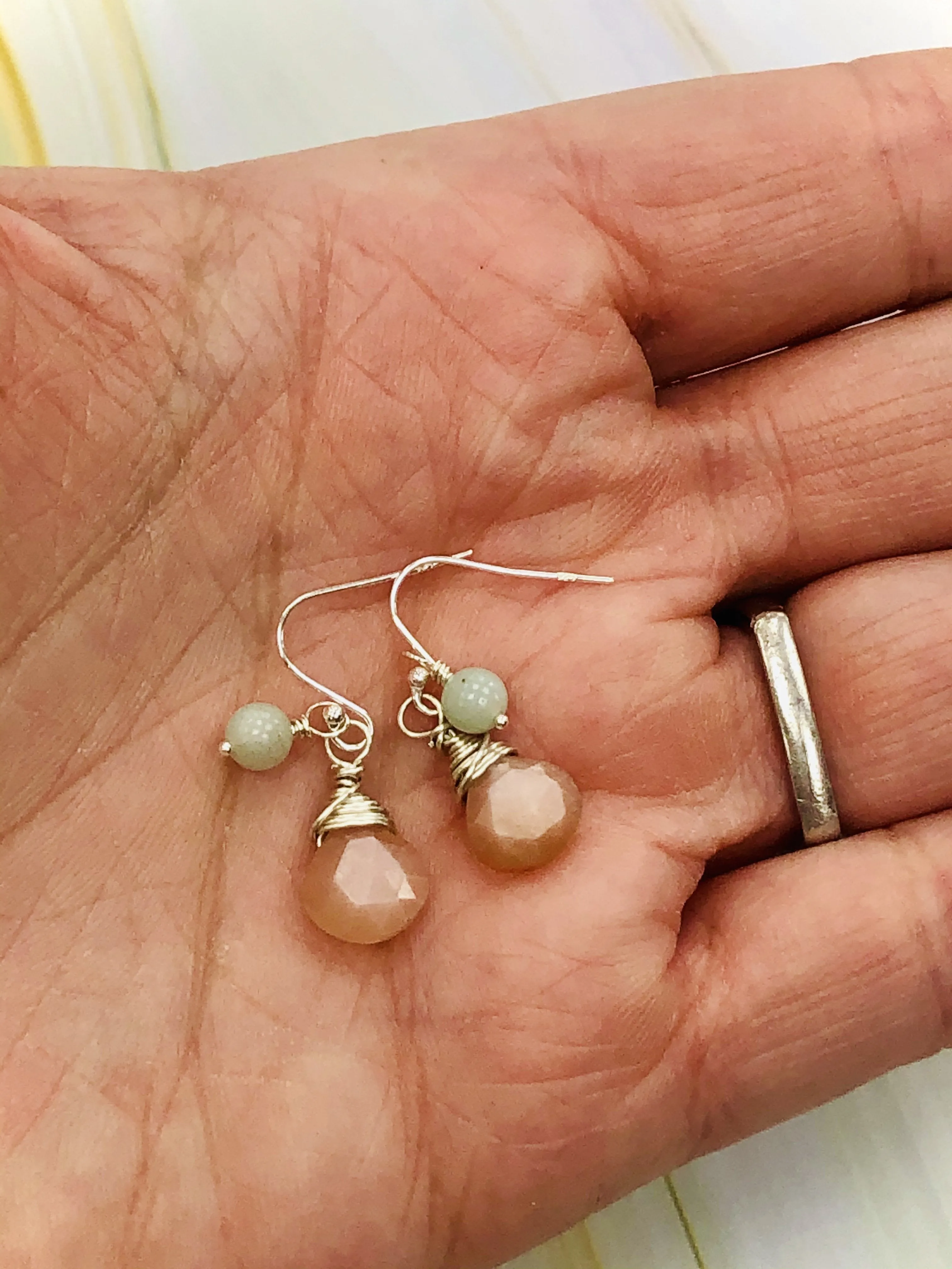 Dainty Peach Moonstone and Peruvian Opal Earrings