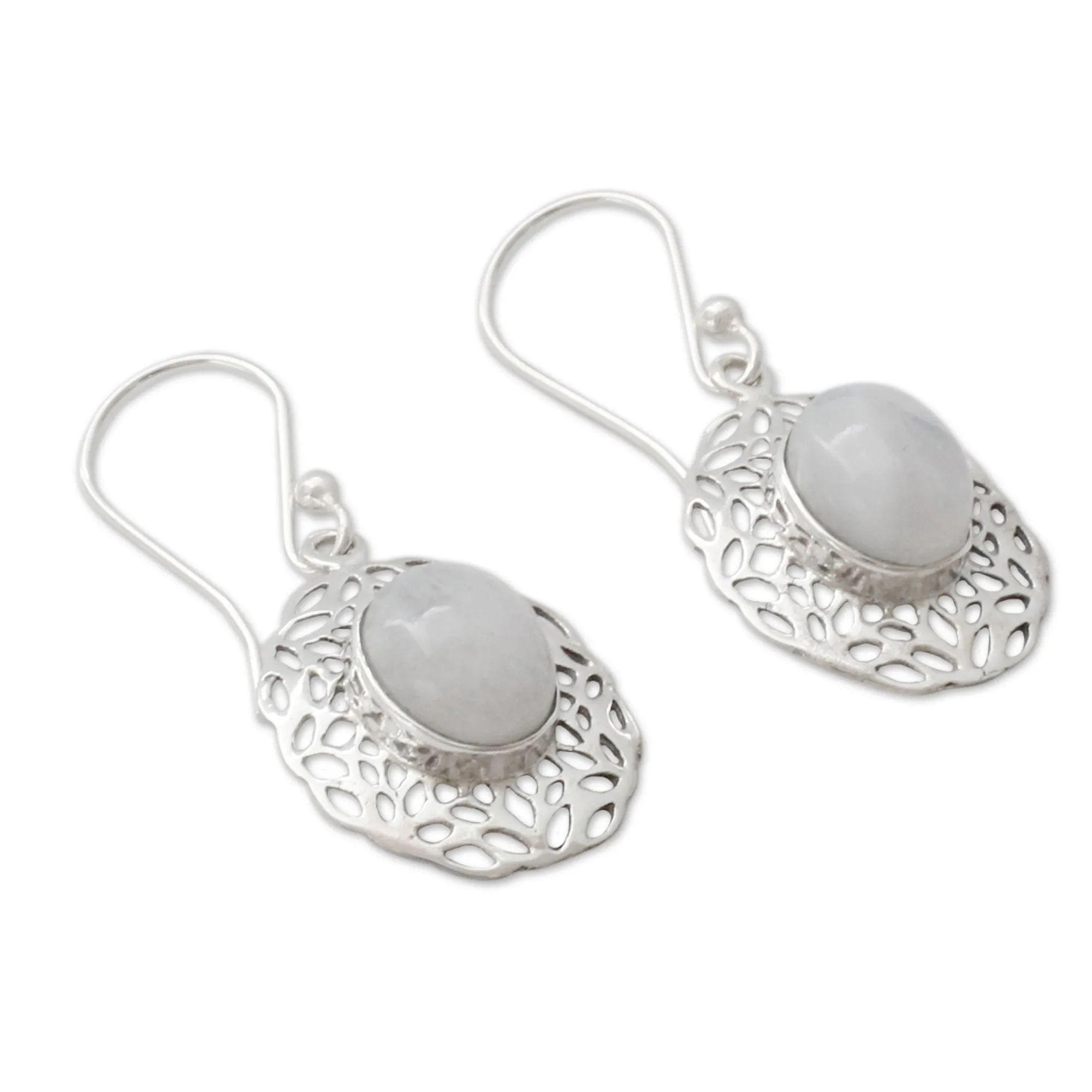 Delhi Dewdrop Handcrafted Rainbow Moonstone Earrings with Silver Halos