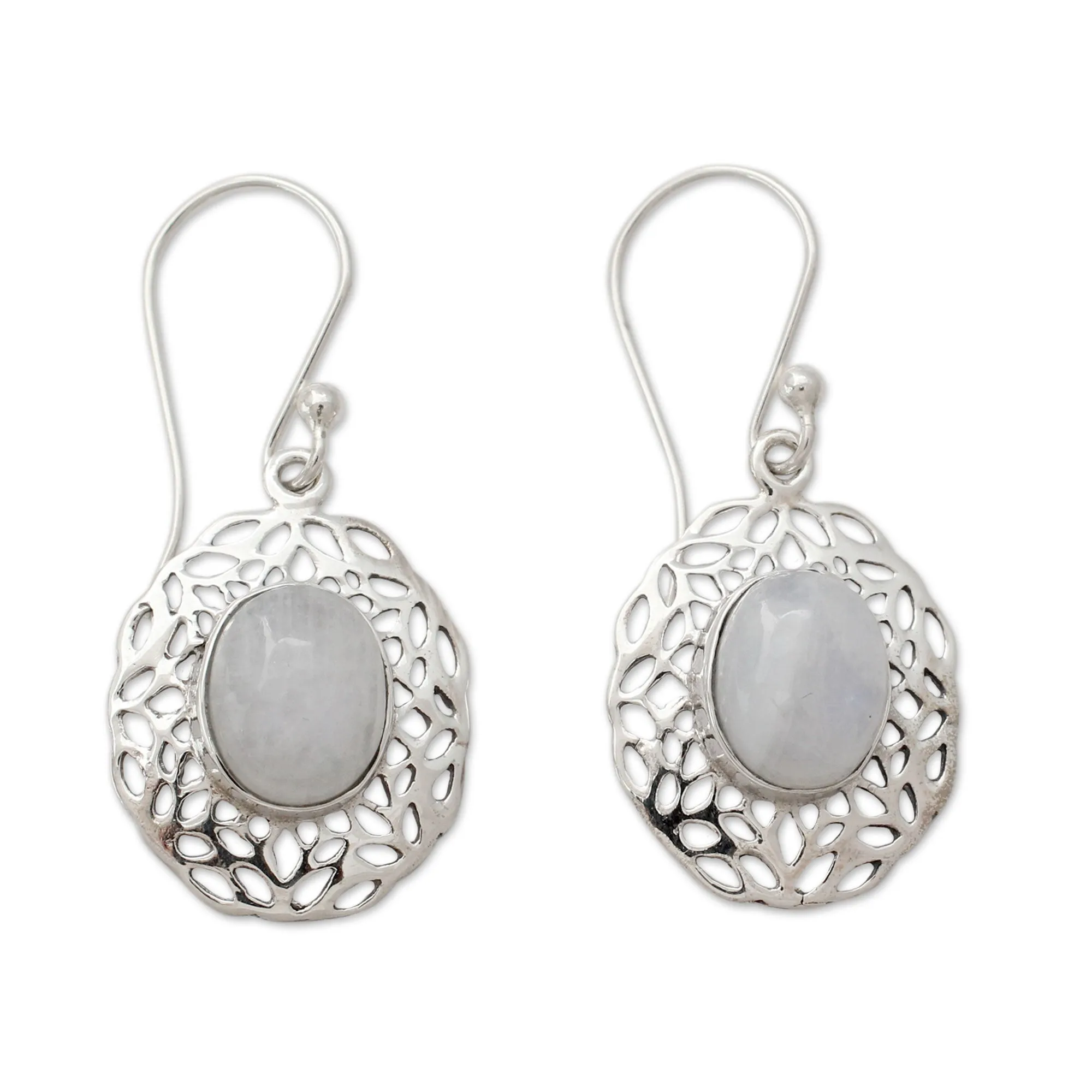 Delhi Dewdrop Handcrafted Rainbow Moonstone Earrings with Silver Halos