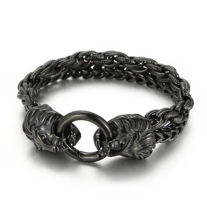 Dominant Fashion Lion Head Double Chain Men's Bracelet in Titanium Steel - European and American Style