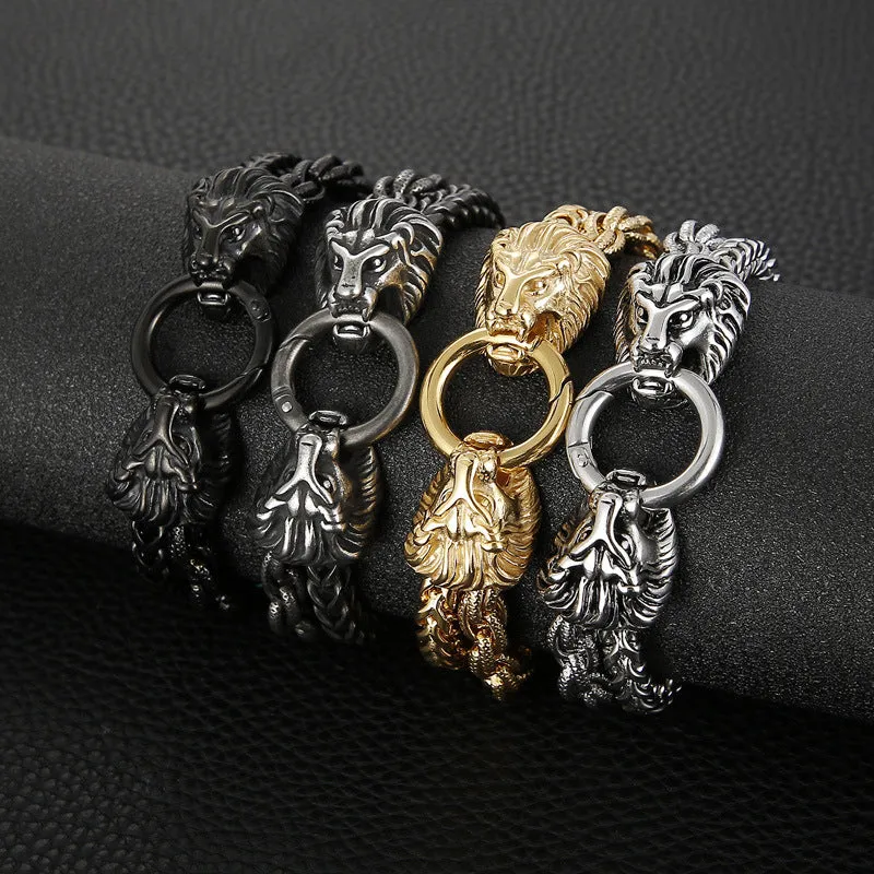 Dominant Fashion Lion Head Double Chain Men's Bracelet in Titanium Steel - European and American Style