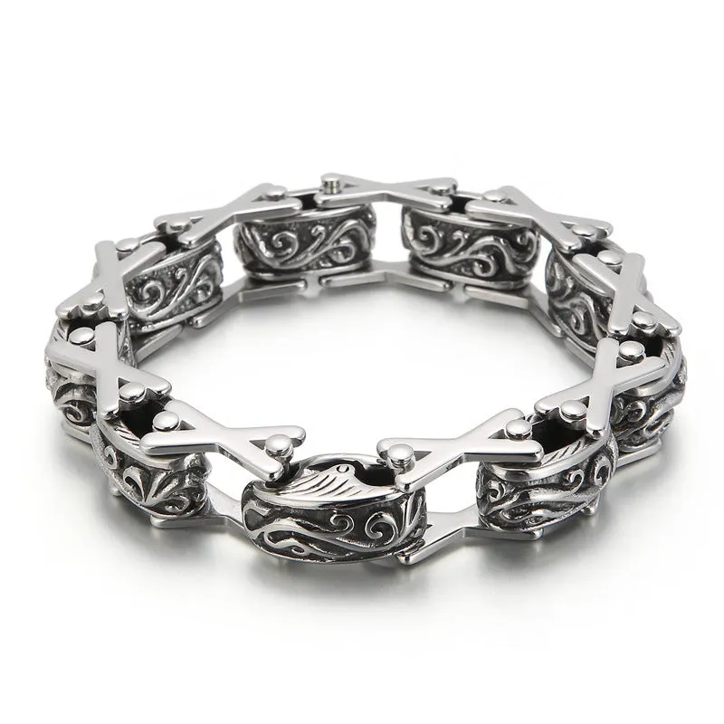 Domineering Floral X-Shaped Hollow Titanium Steel Bracelet for Men from Europe and America