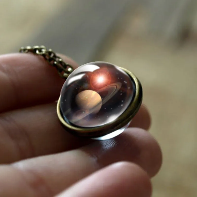 Double Glass Cosmic Planets Ball Pendant Necklace