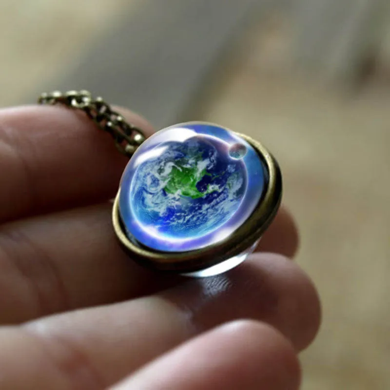 Double Glass Cosmic Planets Ball Pendant Necklace