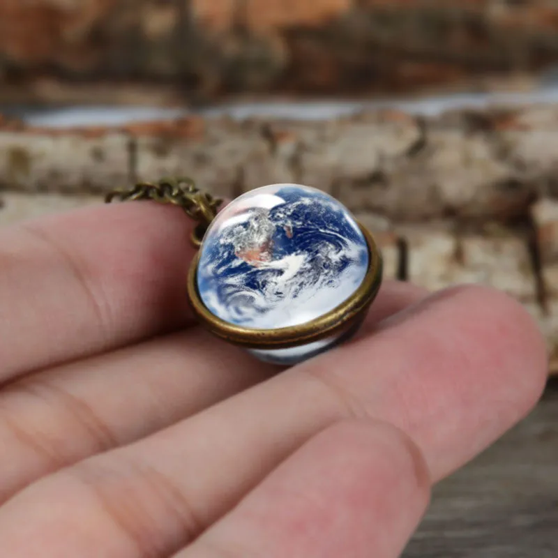 Double Glass Cosmic Planets Ball Pendant Necklace