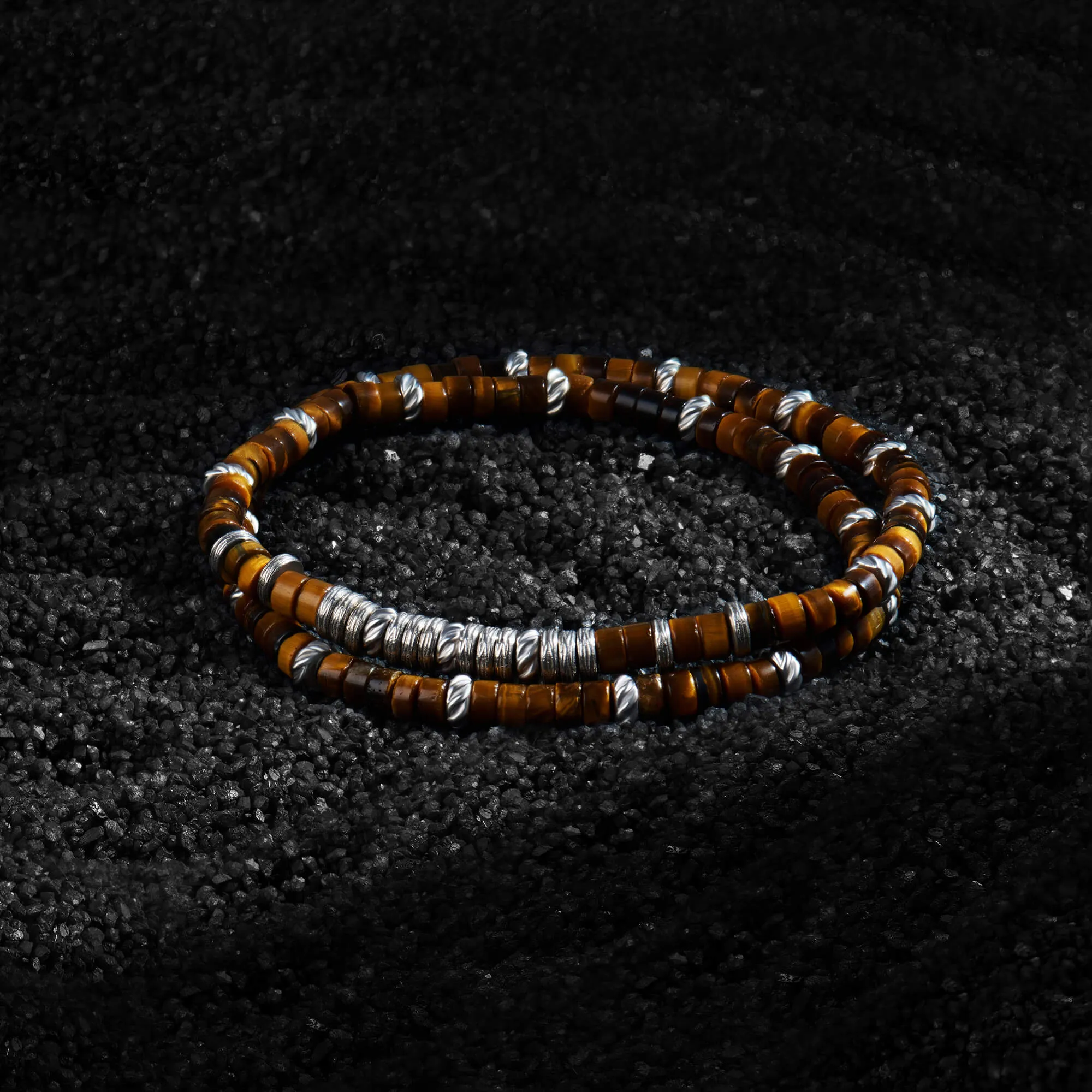 Double Tiger Eye Heishi Beaded Bracelet - Solid Silver