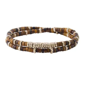 Double Tiger Eye Heishi Beaded Bracelet - Solid Silver