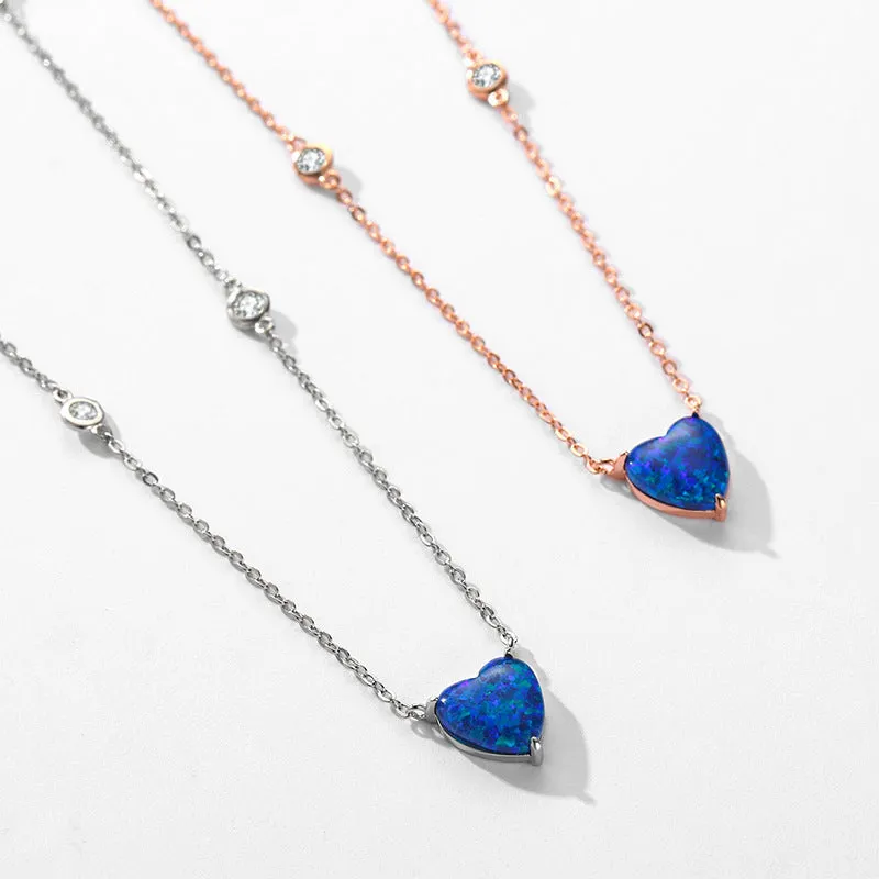 Elegant Opal Heart Necklace in Sterling Silver